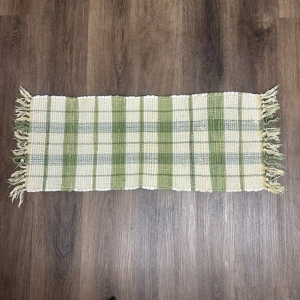 Home Collections By Raghu Country Farmhouse Green Cream Plaid Woven Table Runner